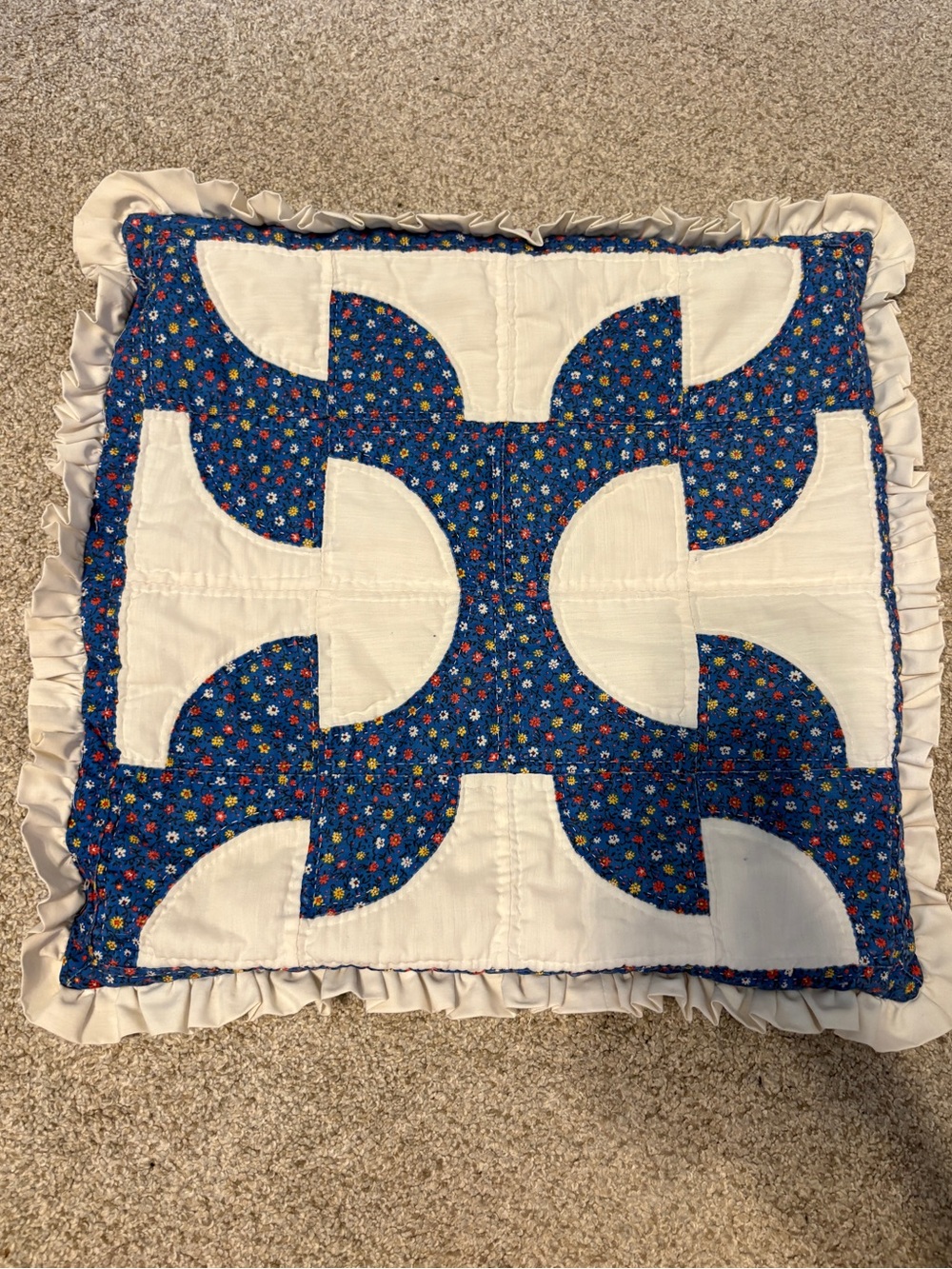 Vintage handmade quilted pillow case blue white ruffle